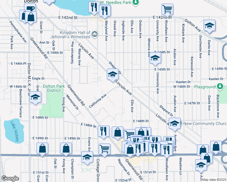 map of restaurants, bars, coffee shops, grocery stores, and more near 847 California Avenue in Dolton