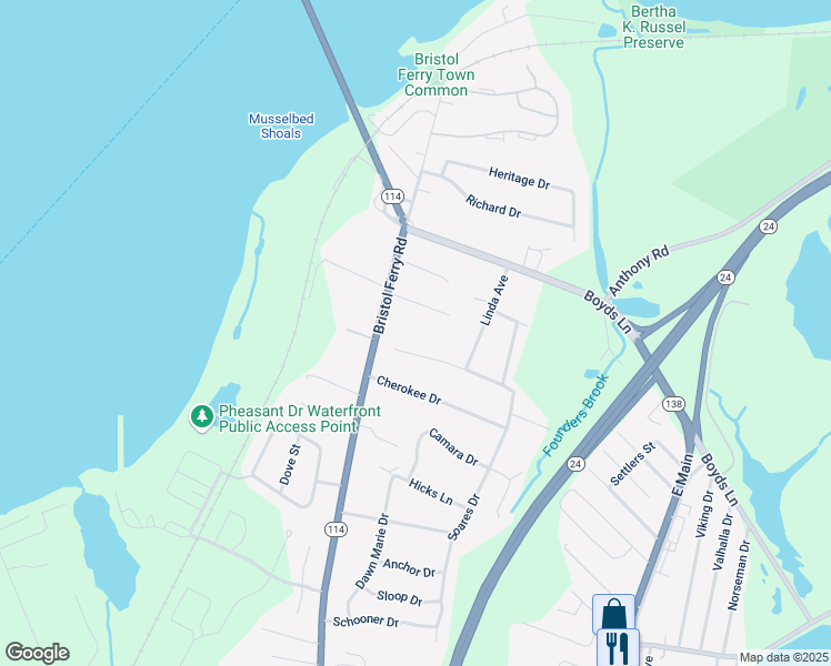map of restaurants, bars, coffee shops, grocery stores, and more near 40 Windward Drive in Portsmouth