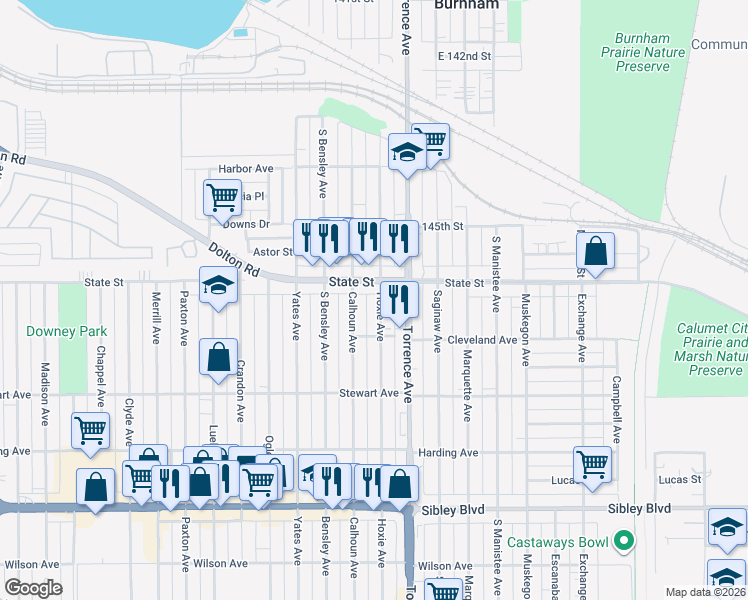 map of restaurants, bars, coffee shops, grocery stores, and more near 276 Hoxie Avenue in Calumet City