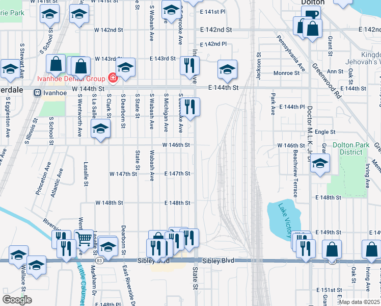 map of restaurants, bars, coffee shops, grocery stores, and more near 133 146th Street in Dolton