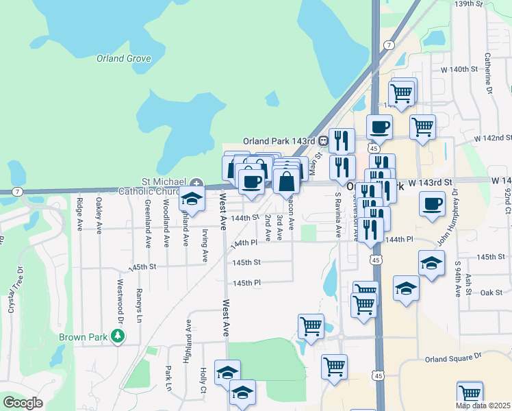 map of restaurants, bars, coffee shops, grocery stores, and more near 9913 143rd Place in Orland Park