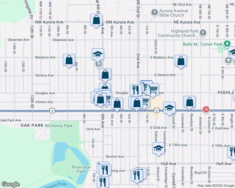 map of restaurants, bars, coffee shops, grocery stores, and more near in Des Moines