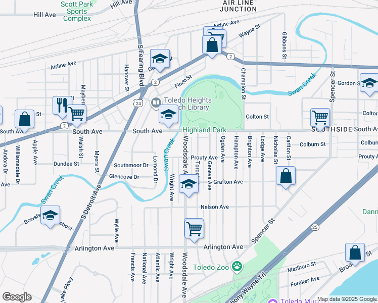 map of restaurants, bars, coffee shops, grocery stores, and more near 542 Toronto Avenue in Toledo