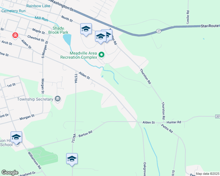 map of restaurants, bars, coffee shops, grocery stores, and more near 20654 Alden Street in Meadville