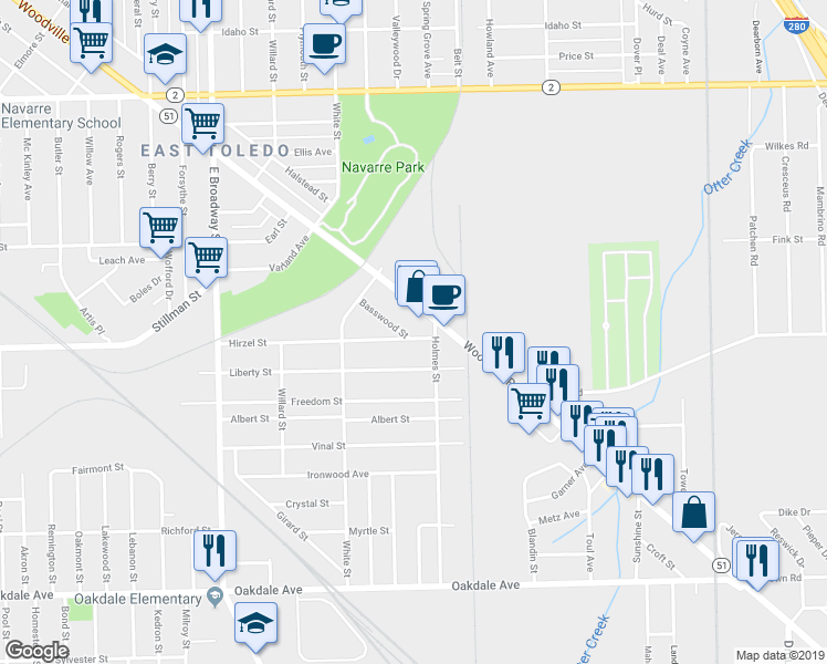 map of restaurants, bars, coffee shops, grocery stores, and more near 1601 Hirzel Street in Toledo