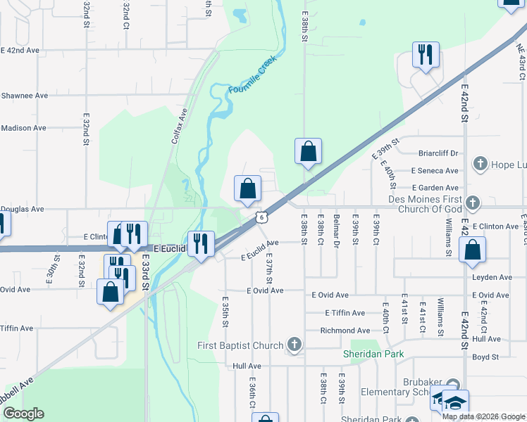 map of restaurants, bars, coffee shops, grocery stores, and more near 3722 Hubbell Avenue in Des Moines