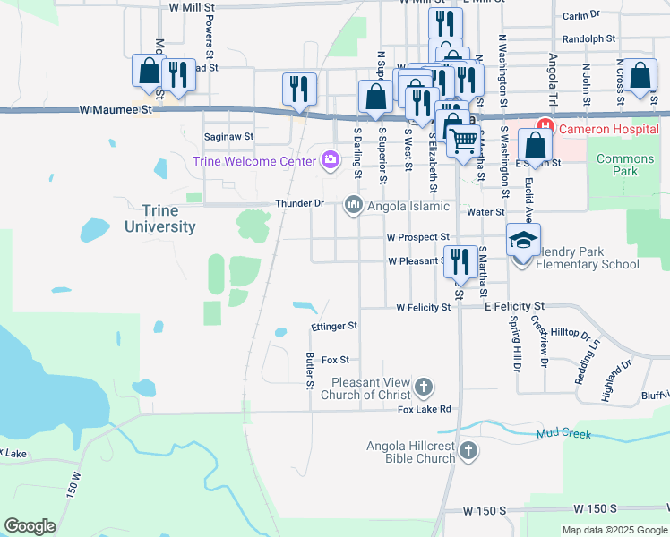 map of restaurants, bars, coffee shops, grocery stores, and more near 601 West Pleasant Street in Angola