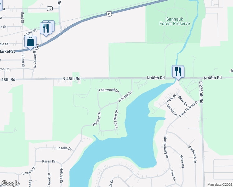 map of restaurants, bars, coffee shops, grocery stores, and more near 1239 Lakewood Drive in Somonauk
