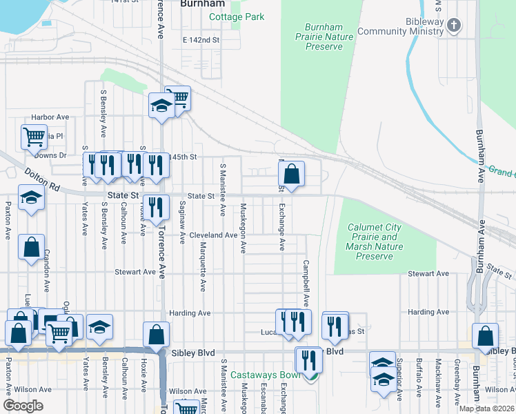 map of restaurants, bars, coffee shops, grocery stores, and more near 276 Escanaba Avenue in Calumet City