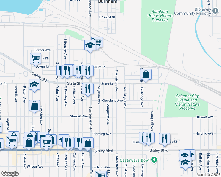 map of restaurants, bars, coffee shops, grocery stores, and more near 277 Marquette Avenue in Calumet City