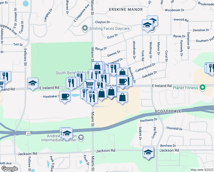 map of restaurants, bars, coffee shops, grocery stores, and more near 1217 East Ireland Road in South Bend