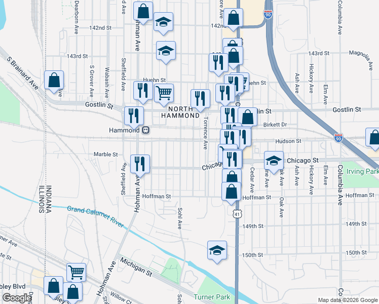 map of restaurants, bars, coffee shops, grocery stores, and more near 4622 Henry Ave in Hammond