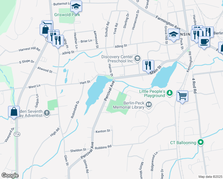 map of restaurants, bars, coffee shops, grocery stores, and more near 39 Percival Avenue in Berlin