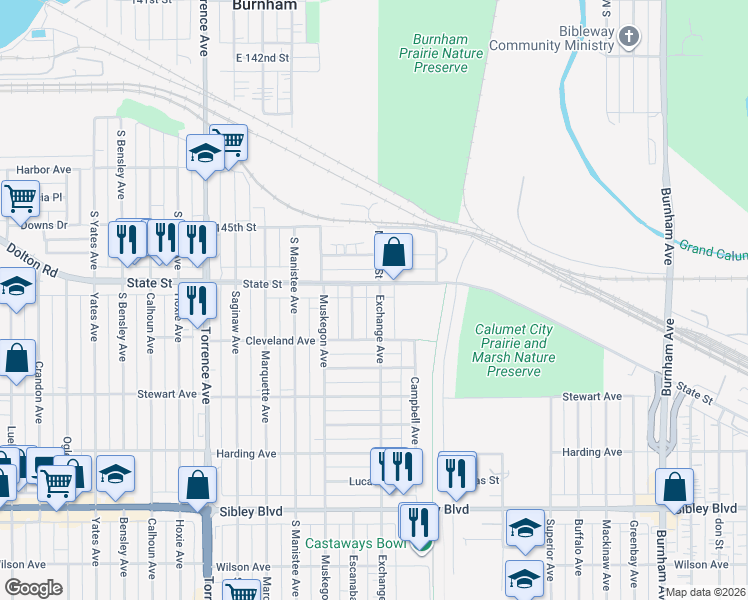 map of restaurants, bars, coffee shops, grocery stores, and more near 276 Exchange Avenue in Calumet City