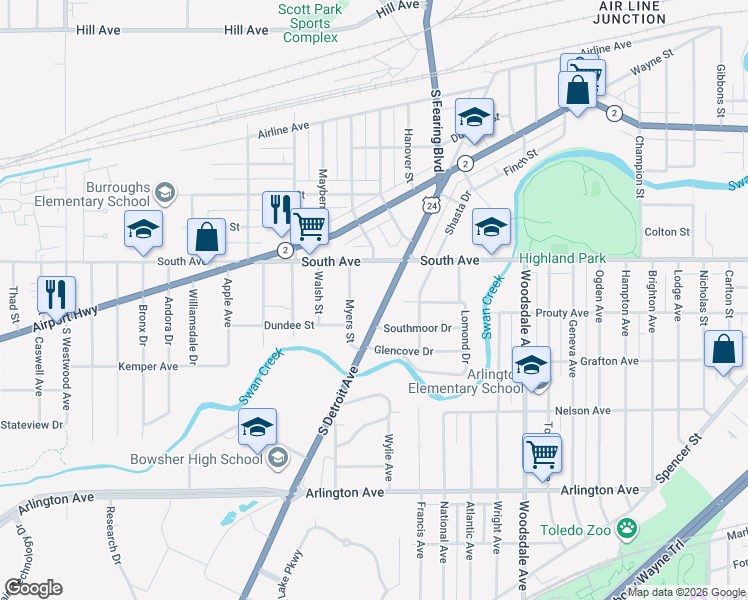 map of restaurants, bars, coffee shops, grocery stores, and more near 552 South Detroit Avenue in Toledo