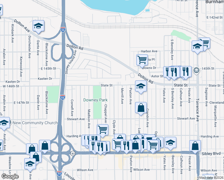 map of restaurants, bars, coffee shops, grocery stores, and more near 274 Clyde Avenue in Calumet City