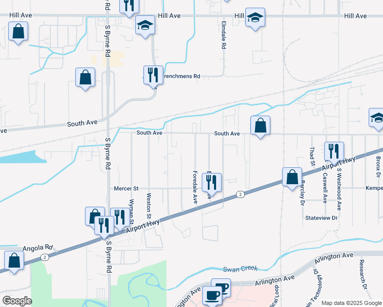 map of restaurants, bars, coffee shops, grocery stores, and more near 556 Foredale Avenue in Toledo