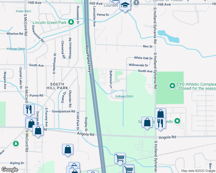 map of restaurants, bars, coffee shops, grocery stores, and more near 566 Butternut Ln in Toledo
