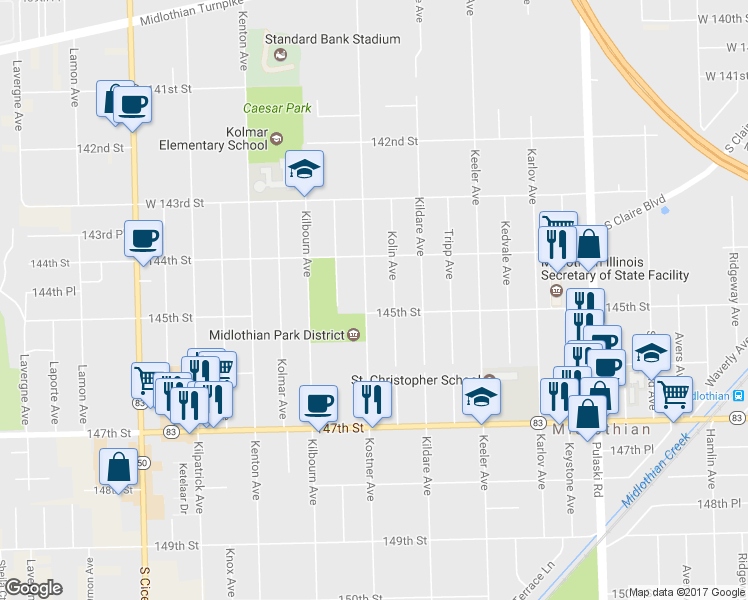 map of restaurants, bars, coffee shops, grocery stores, and more near 14445 Kostner Avenue in Midlothian