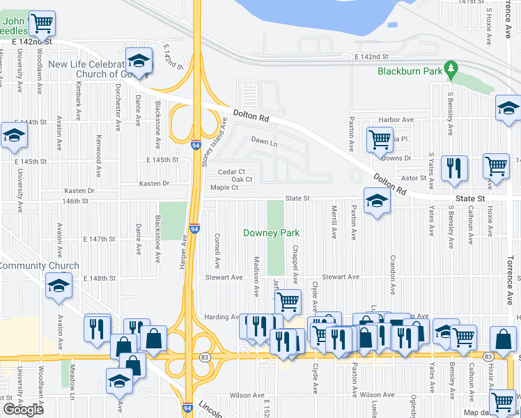 map of restaurants, bars, coffee shops, grocery stores, and more near 269 Madison Avenue in Calumet City