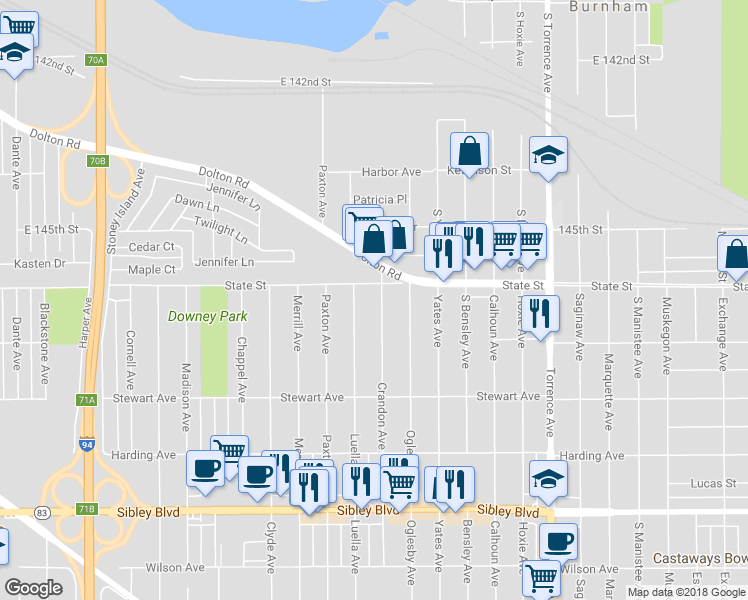 map of restaurants, bars, coffee shops, grocery stores, and more near 274 Crandon Avenue in Calumet City