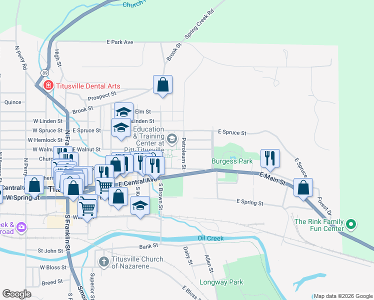 map of restaurants, bars, coffee shops, grocery stores, and more near 177-221 Petroleum Street in Titusville
