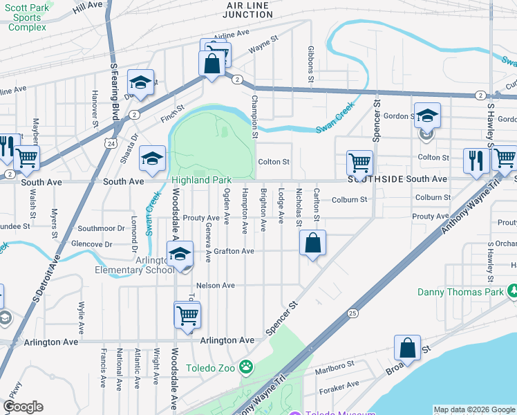 map of restaurants, bars, coffee shops, grocery stores, and more near 542 Brighton Avenue in Toledo