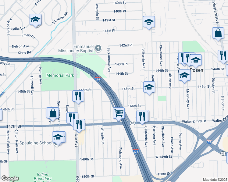 map of restaurants, bars, coffee shops, grocery stores, and more near 14503 Sacramento Avenue in Posen