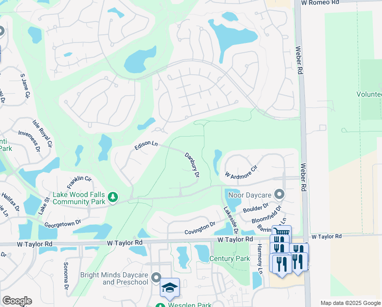 map of restaurants, bars, coffee shops, grocery stores, and more near 13961 Danbury Drive in Plainfield