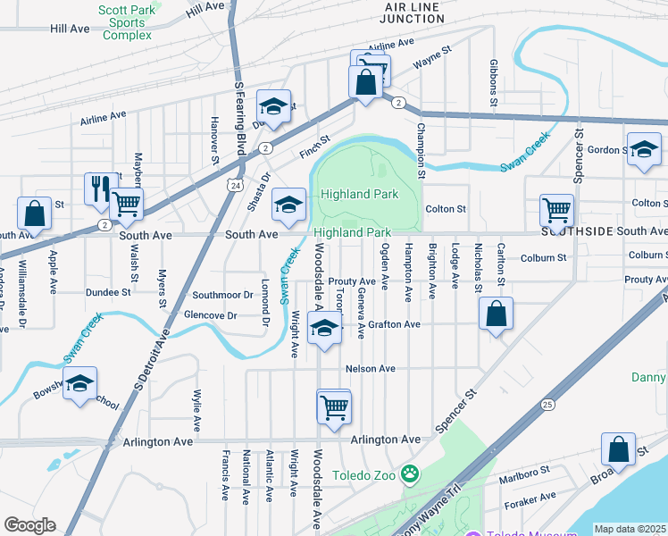 map of restaurants, bars, coffee shops, grocery stores, and more near 542 Toronto Avenue in Toledo