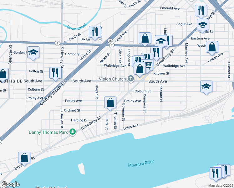 map of restaurants, bars, coffee shops, grocery stores, and more near 851 Colburn Street in Toledo