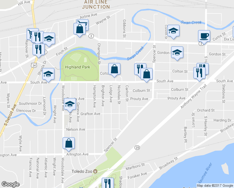 map of restaurants, bars, coffee shops, grocery stores, and more near 537 Lodge Avenue in Toledo