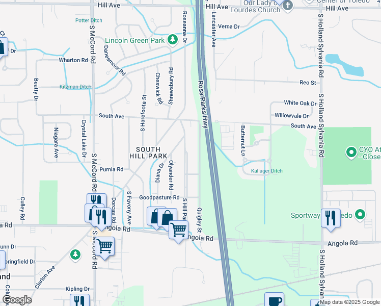 map of restaurants, bars, coffee shops, grocery stores, and more near 609 South Hill Park Drive in Holland