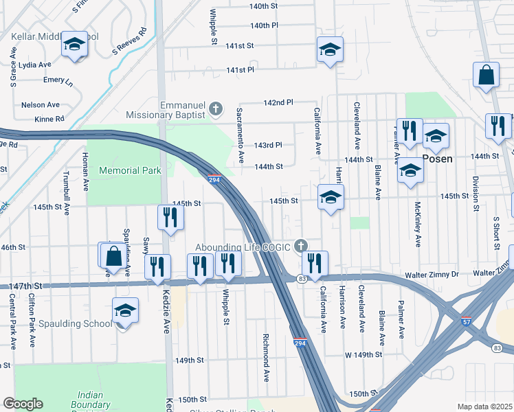 map of restaurants, bars, coffee shops, grocery stores, and more near 14503 Sacramento Avenue in Posen