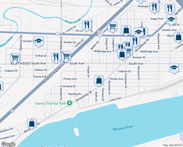 map of restaurants, bars, coffee shops, grocery stores, and more near 885 Colburn Street in Toledo