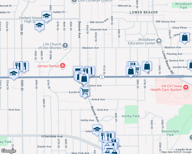 map of restaurants, bars, coffee shops, grocery stores, and more near Douglas Avenue & 42nd Street in Des Moines