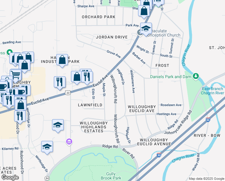 map of restaurants, bars, coffee shops, grocery stores, and more near 4733 Maple Street in Willoughby