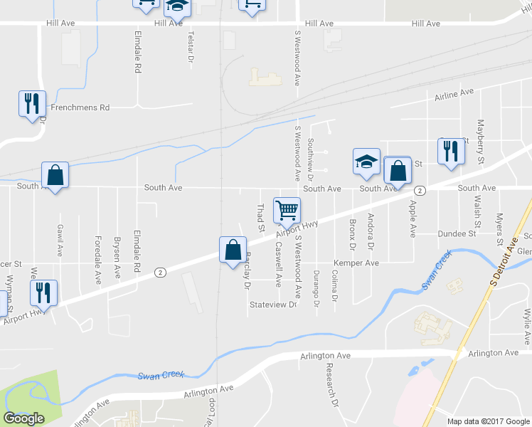 map of restaurants, bars, coffee shops, grocery stores, and more near 541 Thad St in Toledo