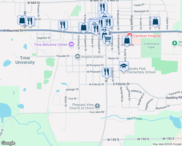 map of restaurants, bars, coffee shops, grocery stores, and more near 600 South West Street in Angola
