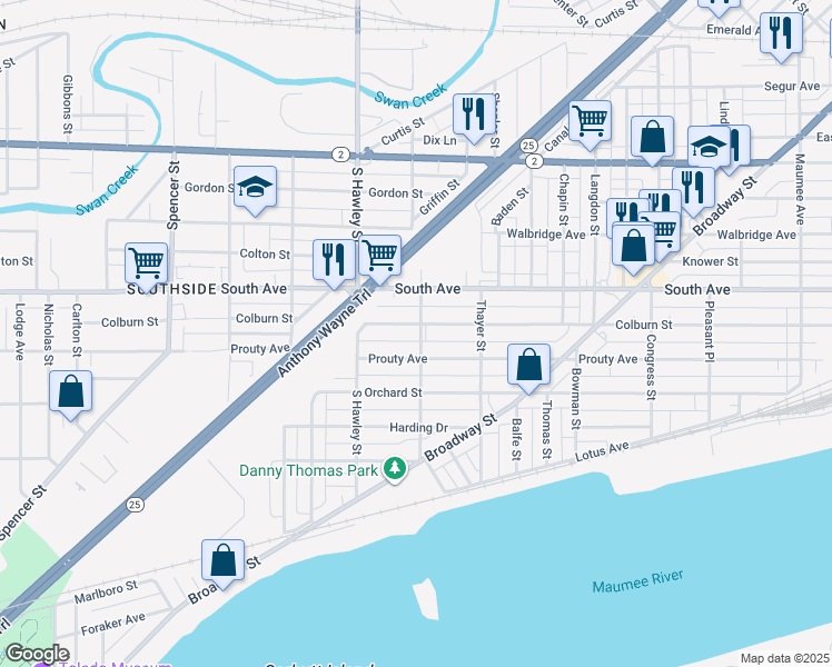 map of restaurants, bars, coffee shops, grocery stores, and more near 1001 Colburn St in Toledo