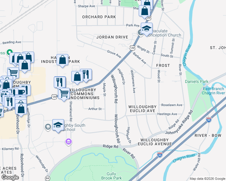 map of restaurants, bars, coffee shops, grocery stores, and more near 4733 Maple Street in Willoughby