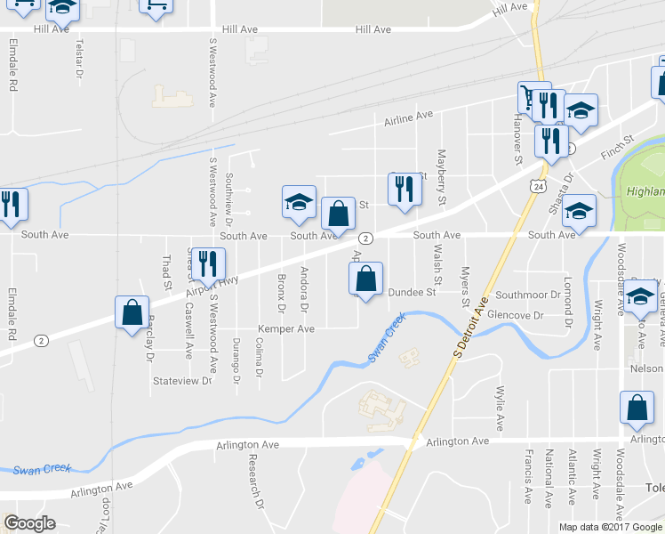 map of restaurants, bars, coffee shops, grocery stores, and more near 541 Williamsdale Dr in Toledo