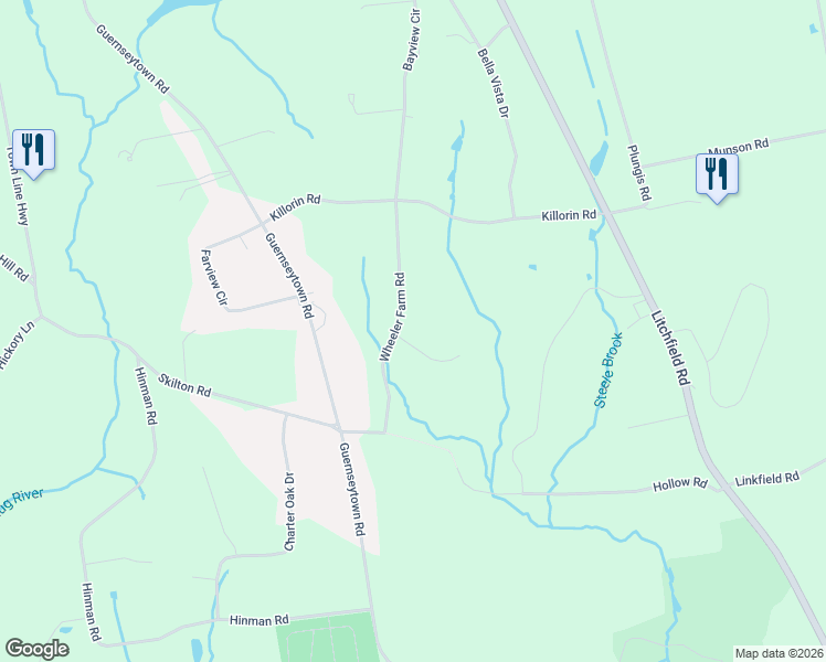 map of restaurants, bars, coffee shops, grocery stores, and more near 114 Wheeler Farm Road in Watertown