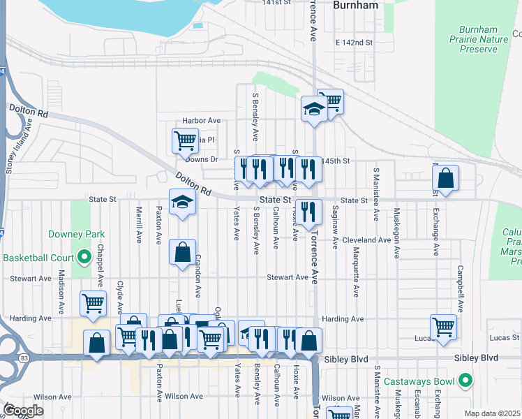 map of restaurants, bars, coffee shops, grocery stores, and more near 267 South Bensley Avenue in Calumet City