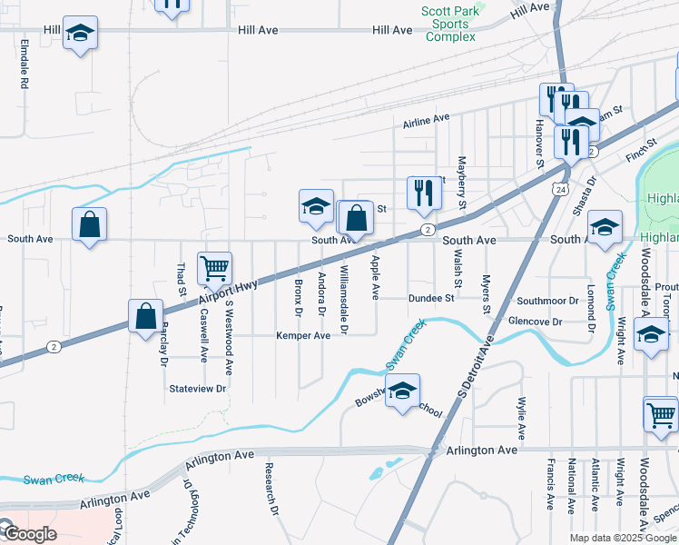 map of restaurants, bars, coffee shops, grocery stores, and more near 540 Williamsdale Drive in Toledo