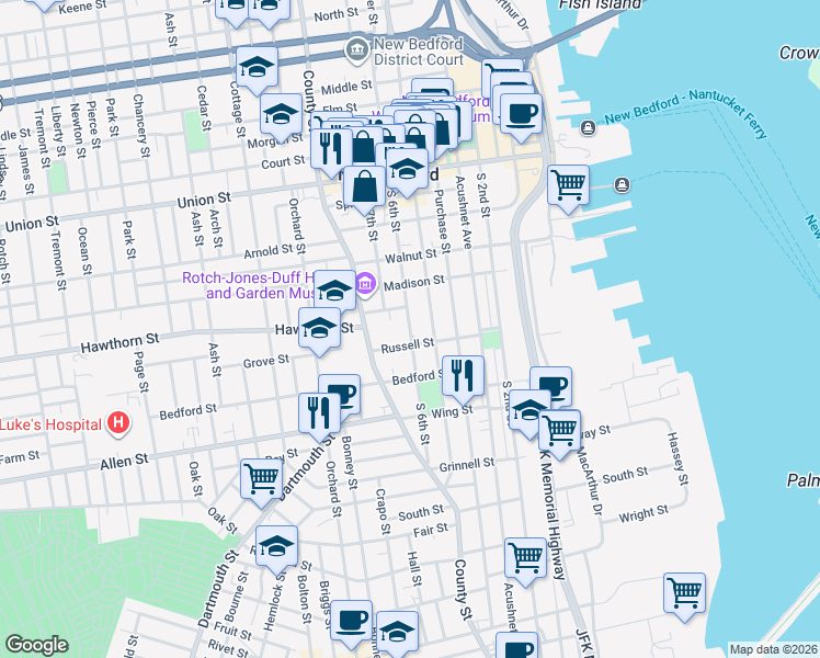 map of restaurants, bars, coffee shops, grocery stores, and more near 59 South 6th Street in New Bedford