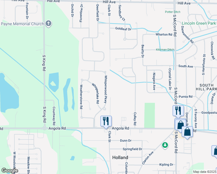 map of restaurants, bars, coffee shops, grocery stores, and more near 621 Whisperwood Parkway in Holland