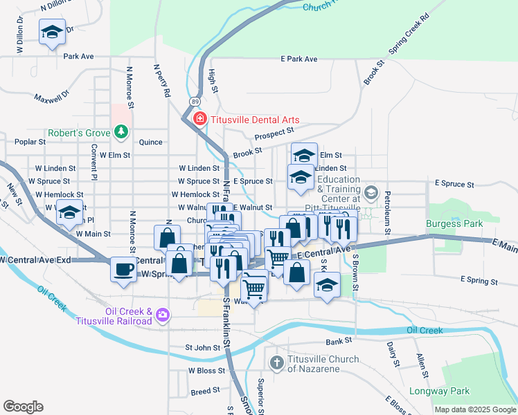 map of restaurants, bars, coffee shops, grocery stores, and more near 201 East Walnut Street in Titusville