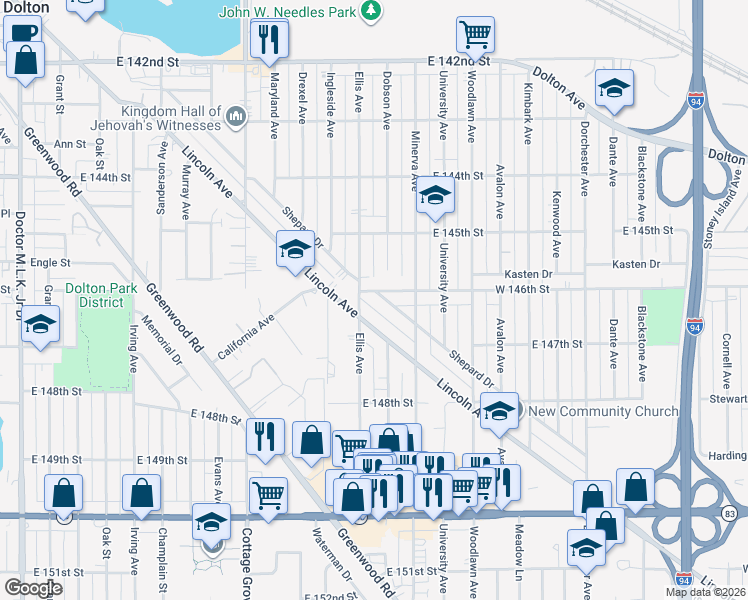 map of restaurants, bars, coffee shops, grocery stores, and more near 14602 Shepard Drive in Dolton