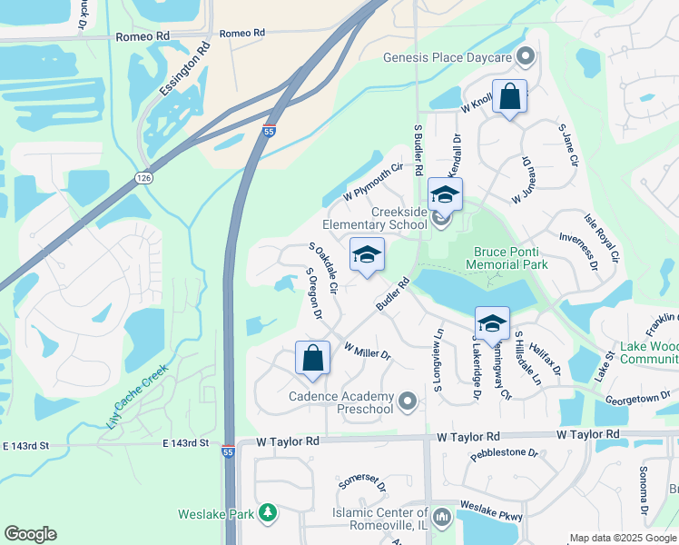 map of restaurants, bars, coffee shops, grocery stores, and more near 14025 South Oakdale Circle in Plainfield